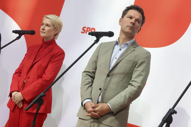 Manuela Schwesig and Steffen Krach at the press conference following the state elections in Berlin and Mecklenburg-Western Pomerania at the Willy Brandt Haus on September 21, 2026; SPD leadership at the press conference following the state elections in Berlin