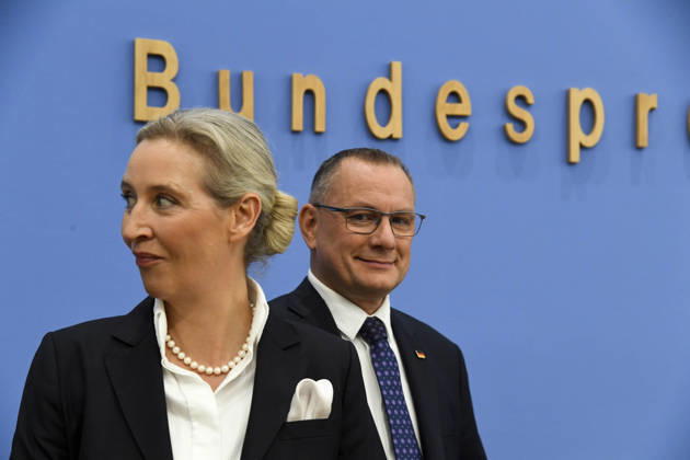 ABB BPK Alice Weidel, Federal Spokesperson for the AfD and Co-Chair of the AfD parliamentary group, Tino Chrupalla, federal spokesperson for the AfD and co-chair of the AfD parliamentary group Topic: AfD—Impact of the state elections in Berlin and Mecklenburg-Western Pomerania on federal politics Statement at the BPK Federal Press Conference on September 21, 2026, in Berlin, Germany