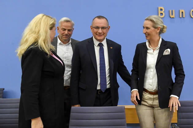 ABB BPK Leif Erik Holm, AfD Mecklenburg-Western Pomerania; Kristin Brinker, AfD lead candidate in Berlin; Alice Weidel, federal spokesperson for the AfD and co-chair of the AfD parliamentary group; Tino Chrupalla, Federal Spokesperson for the AfD and Co-Chair of the AfD parliamentary group. Topic: Af