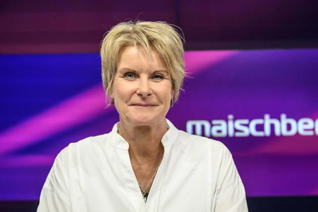 In the photo, from left: Susanne Gaschke, NZZ; GER; Berlin; studio; guest on Maischberger ; political talk show; TV; program; with host Sandra Maischberger; Das Erste; from Studio 20 in Adlershof, September 21, 2026, Copyright: HMBxMedia UwexKoch