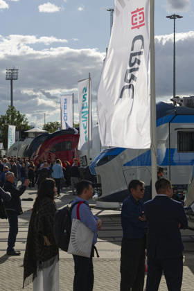 InnoTrans 2026 Transportation Technology Trade Show, September 22, Germany, Berlin: The international InnoTrans transportation technology trade show in the exhibition halls beneath Berlin’s Radio Tower. Pictured: Visitors on the outdoor grounds, where the industry is exhibiting rail vehicles for use in long-distance and commuter rail service.