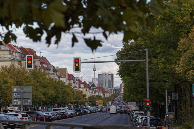 InnoTrans 2026 Transportation Technology Trade Fair, September 22, Berlin, Germany—East-West Axis, Kaiserdamm, with a view from Theodor Heuss Platz toward downtown, the Red City Hall, and the TV Tower