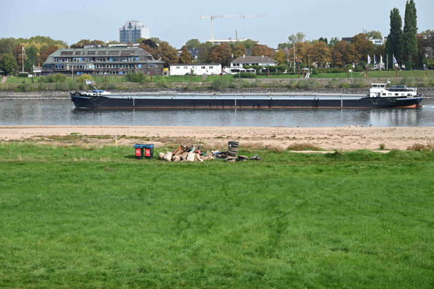 Low water levels in the Rhine have exposed a large sandbar; rocks and sand are visible on the riverbank near the Theodor Heuss Bridge; a cargo ship is sailing in the channel; in the foreground, flotsam, car tires, and debris have been exposed by the low water, Unidentified individuals collected the trash and left it on the bank for pickup; low water levels