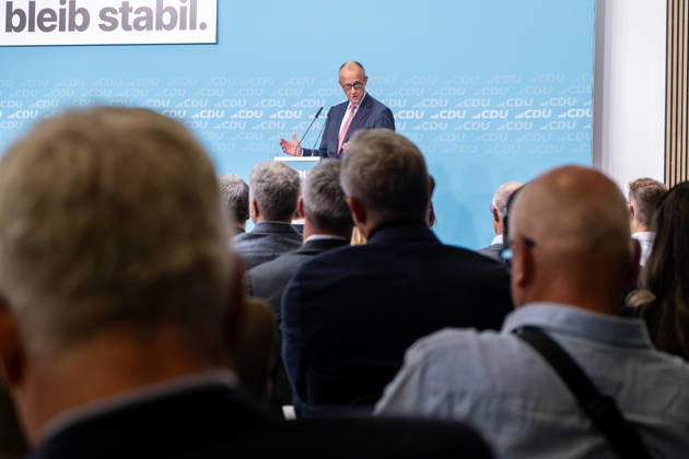 Chancellor Friedrich Merz at the CDU s final campaign rally ahead of the upcoming Berlin House of Representatives election at the Konrad Adenauer House in Berlin Campaigning in Berlin sp2026091756745