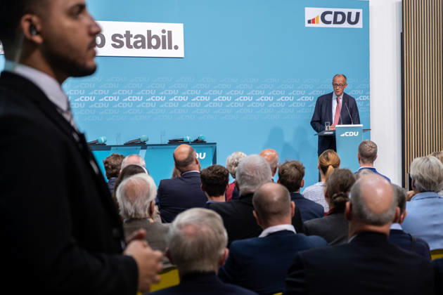 Chancellor Friedrich Merz at the CDU s final campaign rally ahead of the upcoming Berlin House of Representatives election at the Konrad Adenauer House in Berlin Campaigning in Berlin sp2026091756769
