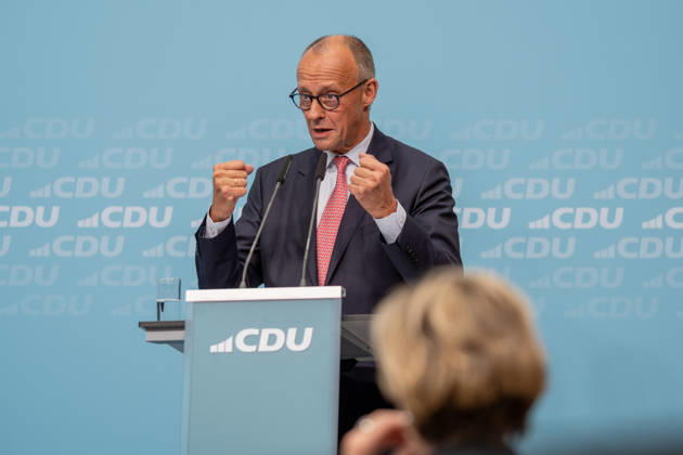 Chancellor Friedrich Merz at the CDU s final campaign rally ahead of the upcoming Berlin House of Representatives election at the Konrad Adenauer House in Berlin Campaigning in Berlin sp2026091757142