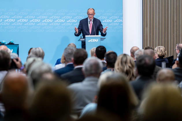 Chancellor Friedrich Merz at the CDU s final campaign rally ahead of the upcoming Berlin House of Representatives election at the Konrad Adenauer House in Berlin. Campaigning in Berlin sp2026091757205