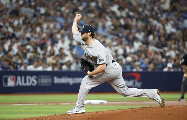 October 3, 2026, St. Petersburg, Florida, USA: New York Yankees pitcher Gerrit Cole (45) delivers a pitch during the first inning of Game 1 between the Tampa Bay Rays and the New York Yankees at Tropicana Field on Saturday, Oct. 3, 2026, in St. Petersburg. St. Petersburg USA - ZUMAs70_ 20261003_zan_s70_034 Copyright: xJeffereexWoox