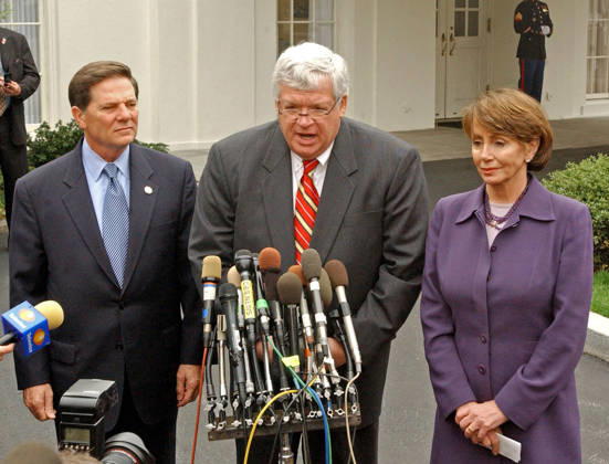 Bipartisan US House Leaders Meet Reporters Bipartisan United States House of Representatives Leaders speak to reporters after their meeting with US President George W. Bush in the Oval Office of the White House in Washington, DC on March 21, 2003. Left to right: US House Majority Whip Tom DeLay (Republican of Texas); Speaker of the US House Dennis Hastert (Republican of Illinois); and US House Minority Leader Nancy Pelosi (Democrat of California). Photo by Ron Sachs CNP ABACAPRESS.COM Washington District of Columbia United States  Copyright: xCNP ABACAx