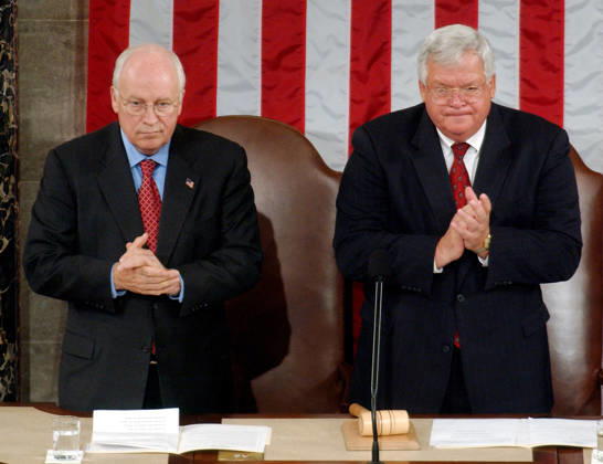 September 23, 2004, Washington, District Of Columbia, USA: United States Vice President Dick Cheney, left, and J. Dennis Hastert (Republican of Illinois), Speaker of the United States House of Representatives, right, applaud Ayad Allawi, Interim Prime Minister of the Republic of Iraq, who prepares to address a joint session of the United States Congress in Washington, D.C. on September 23, 2004 Washington USA - ZUMAs152 20040923_faa_s152_001 Copyright: xRonxSachsx