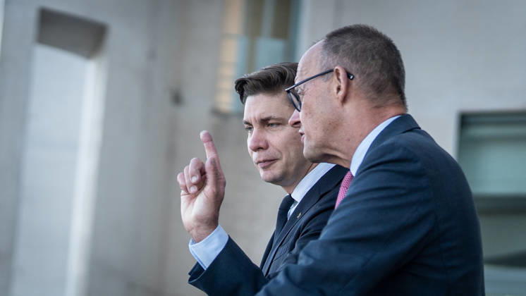 Chancellor Friedrich Merz with his guest Mindaugas Sinkeviciusius, Prime Minister of Lithuania, at the Federal Chancellery; on the terrace of the Federal Chancellery overlooking the Reichstag building, which houses the Bundestag; the Federal Chancellor receives the Prime Minister of the Republic of Lithuania at the Federal Chancellery, Berlin, Germany; Federal Chancellery