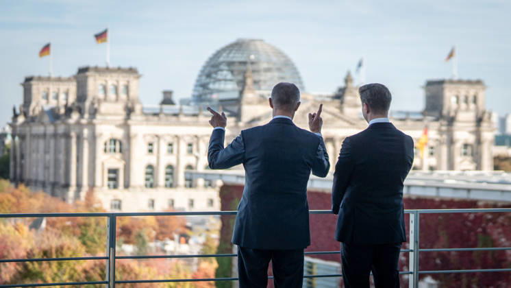 Chancellor Friedrich Merz with his guest Mindaugas Sinkeviciusius, Prime Minister of Lithuania, at the Federal Chancellery; on the terrace of the Federal Chancellery overlooking the Reichstag building, home to the Bundestag; the Federal Chancellor welcomes the Prime Minister of the Republic of Lithuania at the Federal Chancellery, Berlin, Germany; Federal Chancellery