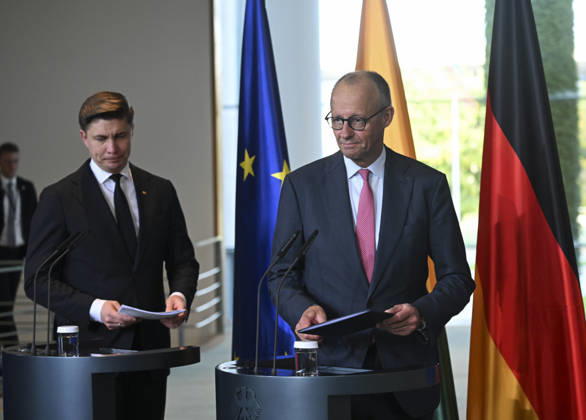 German Chancellor Merz and Lithuanian PM Sinkevicius hold joint press conference in Berlin BERLIN, GERMANY - OCTOBER 05: German Chancellor Friedrich Merz and Lithuanian Prime Minister Mindaugas Sinkevicius hold a joint press conference following their meeting at the Federal Chancellery in Berlin, Germany on October 05, 2026. Halil Sagirkaya Anadolu Berlin Germany. Editorial use only. Please get in touch for any other usage.  Copyright: x2026xAnadoluxHalilxSagirkayax