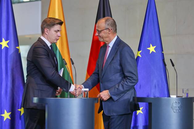 Berlin, Germany, October 5, 2026: The Federal Chancellery hosts a reception for Lithuanian Prime Minister Mindaugas Sinkevicius and Federal Chancellor Friedrich Merz (CDU) following a joint press conference Copyright: xdtsxNachrichtenagenturx dts_137172