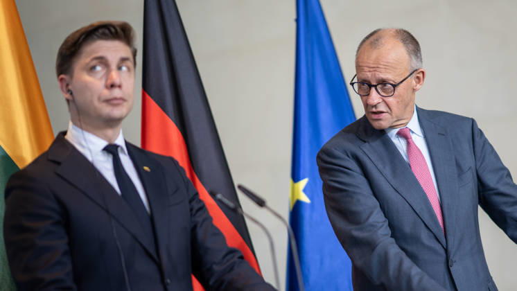Chancellor Friedrich Merz (right) with his guest Mindaugas Sinkevicius, Prime Minister of Lithuania, at the Federal Chancellery; joint press statements; Chancellor hosts Prime Minister of the Republic of Lithuania at the Federal Chancellery, Berlin, Germany; Federal Chancellery