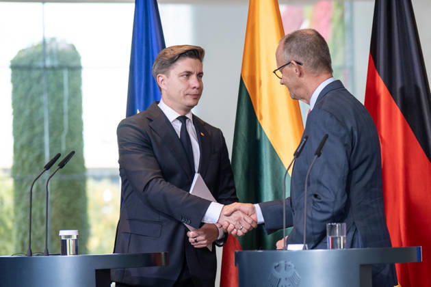 Chancellor Friedrich Merz (right) with his guest Mindaugas Sinkevicius, Prime Minister of Lithuania, at the Federal Chancellery; joint press statements; Chancellor hosts Prime Minister of the Republic of Lithuania at the Federal Chancellery, Berlin, Germany; Federal Chancellery