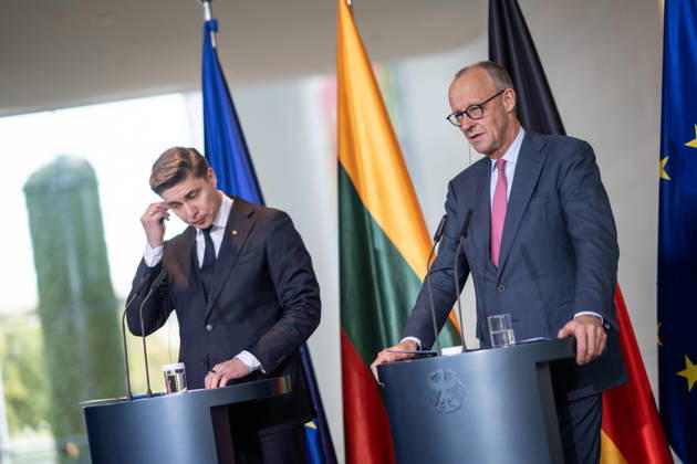 Chancellor Friedrich Merz (right) with his guest Mindaugas Sinkevicius, Prime Minister of Lithuania, at the Federal Chancellery; joint press statements; Chancellor hosts Prime Minister of the Republic of Lithuania at the Federal Chancellery, Berlin, Germany; Federal Chancellery