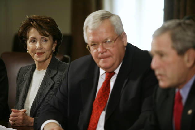 Dennis Hastert (1942 - 2026) Washington, DC - December 8, 2006 -- United States President George W. Bush meets with congressional leaders in the Cabinet room of the White House. From left to right: incoming Speaker of the United States House of Representatives Nancy Pelosi (Democrat of California), current Speaker Dennis Hastert (Republican of Illinois) and President Bush..Credit: Gary Fabiano - CNP AdMedia EDITORIAL USE ONLY  Copyright: xx AdMediax admphotosthree019171