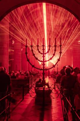 Essen Light Festival, downtown, Licht Segen Lumen Cantus, a laser show synchronized to music at Essen Cathedral, by lighting designer Manfred Olma, accompanied by live organ music, North Rhine-Westphalia, Germany, Essen Light Festival