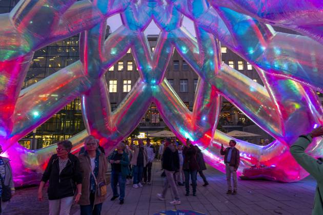 Essen Light Festival, downtown; Meliora, a light installation by the Australian artist duo Atelier Sisu, on Burgplatz; walk-through light sculpture; North Rhine-Westphalia, Germany; Essen Light Festival
