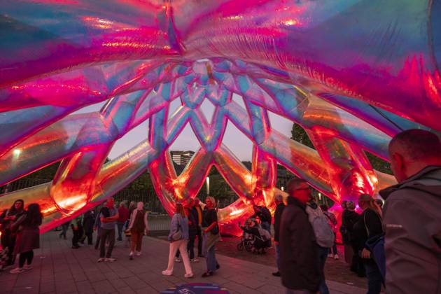 Essen Light Festival, downtown; Meliora, a light installation by the Australian artist duo Atelier Sisu, on Burgplatz; walk-through light sculpture; North Rhine-Westphalia, Germany; Essen Light Festival
