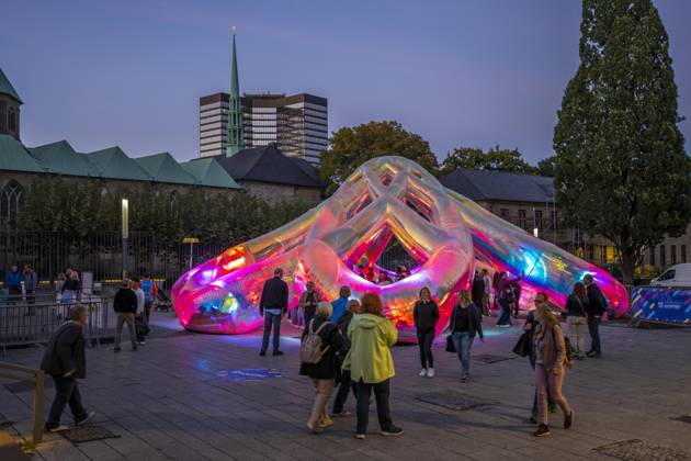 Essen Light Festival, downtown, Meliora light installation by the Australian artist duo Atelier Sisu, on Burgplatz, Essen City Hall and Cathedral, walk-through light sculpture, North Rhine-Westphalia, Germany, Essen Light Festival