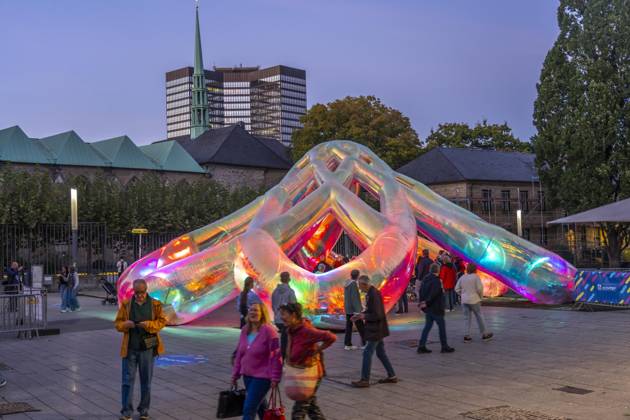 Essen Light Festival, downtown, Meliora light installation by the Australian artist duo Atelier Sisu, on Burgplatz, Essen City Hall and Cathedral, walk-through light sculpture, North Rhine-Westphalia, Germany, Essen Light Festival
