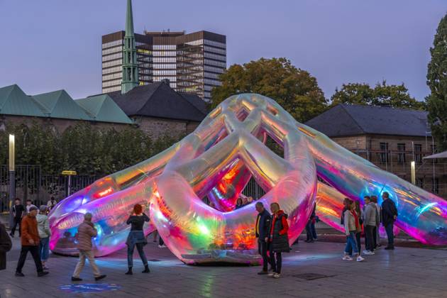 Essen Light Festival, downtown, Meliora light installation by the Australian artist duo Atelier Sisu, on Burgplatz, Essen City Hall and Cathedral, walk-through light sculpture, North Rhine-Westphalia, Germany, Essen Light Festival