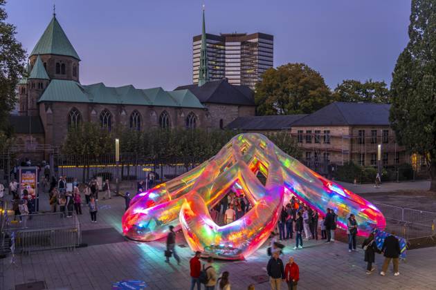 Essen Light Festival, downtown, Meliora light installation by the Australian artist duo Atelier Sisu, on Burgplatz, Essen City Hall and Cathedral, walk-through light sculpture, North Rhine-Westphalia, Germany, Essen Light Festival