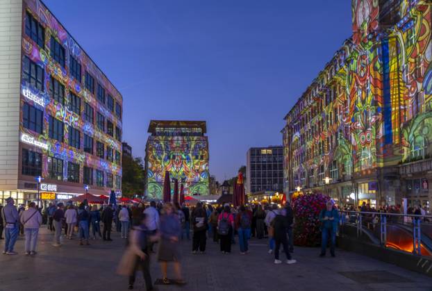 Essen Light Festival, downtown, light installation *The Complementary Universe*, projected onto the buildings at Willy Brandt Platz, by Lightspray Visual, from Hungary, North Rhine-Westphalia, Germany, Essen Light Festival