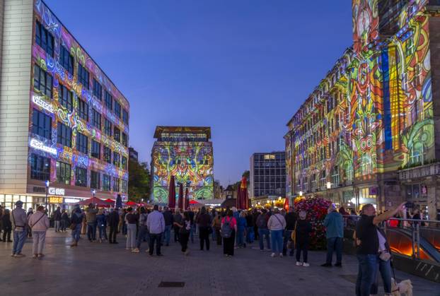 Essen Light Festival, downtown, light installation *The Complementary Universe*, projected onto the buildings at Willy Brandt Platz, by Lightspray Visual, from Hungary, North Rhine-Westphalia, Germany, Essen Light Festival
