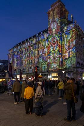 Essen Light Festival, downtown, light installation *The Complementary Universe*, projected onto the buildings at Willy Brandt Platz, by Lightspray Visual, from Hungary, North Rhine-Westphalia, Germany, Essen Light Festival