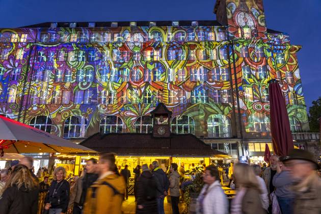Essen Light Festival, downtown, light installation *The Complementary Universe*, projected onto the buildings at Willy Brandt Platz, by Lightspray Visual, from Hungary, North Rhine-Westphalia, Germany, Essen Light Festival