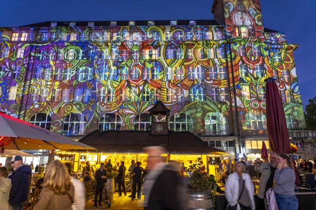 Essen Light Festival, downtown, light installation *The Complementary Universe*, projected onto the buildings at Willy Brandt Platz, by Lightspray Visual, from Hungary, North Rhine-Westphalia, Germany, Essen Light Festival