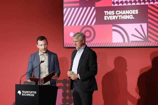 Frankfurt Impressions, October 6, 2026: The 78th Frankfurt Book Fair bids farewell to its long-time director, Juergen Boos (left). Sebastian GUGGOLZ, Chairman of the German Publishers and Booksellers Association, Frankfurt am Main, Hesse, Germany