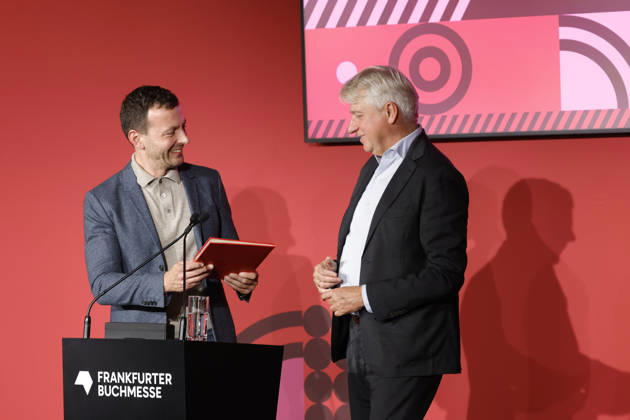 Frankfurt Impressions, October 6, 2026: The 78th Frankfurt Book Fair bids farewell to its long-time director, Juergen Boos (left). Sebastian GUGGOLZ, Chairman of the German Publishers and Booksellers Association, Frankfurt am Main, Hesse, Germany