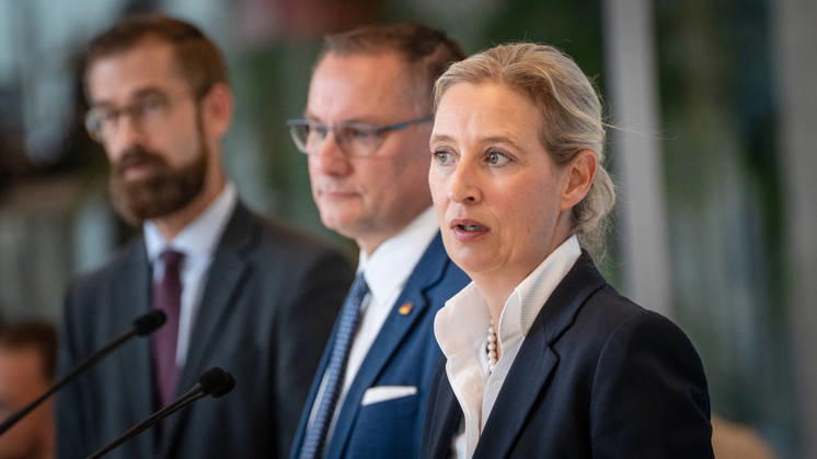 Tino Chrupalla, AfD party and parliamentary group leader, with Alice Weidel, AfD Party and parliamentary group leader; in the background, Marcus Schmidt, press secretary for the AfD parliamentary group in the Bundestag. Press statement by the two AfD party leaders and parliamentary group leaders before the start of the parliamentary group meeting in the German Bundestag, Berlin, Germany,