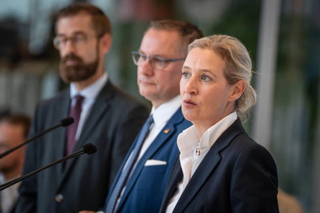 Tino Chrupalla, AfD party and parliamentary group leader, with Alice Weidel, AfD Party and parliamentary group leader; in the background, Marcus Schmidt, press secretary for the AfD parliamentary group in the Bundestag. Press statement by the two AfD party leaders and parliamentary group leaders before the start of the parliamentary group meeting in the German Bundestag, Berlin, Germany,