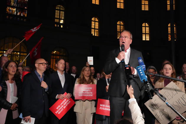 Demonstration by the SPD parliamentary group in the Bundestag in Berlin following the election of the AfD president of the state parliament in Saxony-Anhalt; Defense Minister Boris Pistorius delivering a passionate speech to participants at a spontaneous demonstration and march through Berlin following the election of an AfD member of the state pa