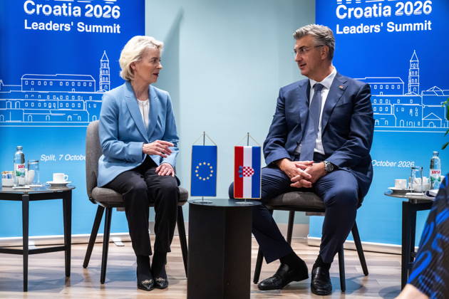 Croatia, Split, 06.10.2026. Radisson Blu Resort and Spa Hotel. Bilateral meeting between Prime Minister Andrej Plenkovic and European Commission President Ursula von der Leyen on the sidelines of the MED9 summit. In the photo: Ursula von der Leyen, Andrej Plenkovic. Photo: Tom Dubravec CROPIX Split CROATIA Copyright: xxTomxDubravecx plenkovic_leyen7-061026