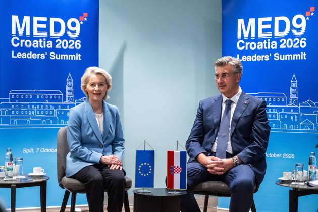 Croatia, Split, 06.10.2026. Radisson Blu Resort and Spa Hotel. Bilateral meeting between Prime Minister Andrej Plenkovic and European Commission President Ursula von der Leyen on the sidelines of the MED9 summit. In the photo: Ursula von der Leyen, Andrej Plenkovic. Photo: Tom Dubravec CROPIX Split CROATIA Copyright: xxTomxDubravecx plenkovic_leyen5-061026