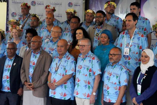 October 6, 2026, Funafuti, Funafuti, Tuvalu: Australian Prime Minister ANTHONY ALBANESE, Fijian Prime Minister SITIVENI RABUKA, and Tuvaluan Prime Minister FELETI TEO and other international leaders attend the Pre-COP31 Leaders™ event in Funafuti, Tuvalu, on October 6, 2026. Complementing the ministerial meeting in Fiji, the visit brings global decision-makers to the low-lying Pacific island nation to witness climate impacts and community adaptation efforts firsthand and advance climate action ahead of COP31 in Antalya, Türkiye. Funafuti Tuvalu - ZUMA 20261006_int_h213_020 Copyright: xHuang Mendersx