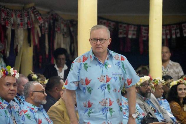 October 6, 2026, Funafuti, Funafuti, Tuvalu: Australian Prime Minister ANTHONY ALBANESE attends a welcome ceremony for the Pre-COP31 Leaders™ event in Funafuti, Tuvalu, on October 6, 2026. Complementing the ministerial meeting in Fiji, the visit brings global decision-makers to the low-lying Pacific island nation to witness climate impacts and community adaptation efforts firsthand and advance climate action ahead of COP31 in Antalya, Türkiye. Funafuti Tuvalu - ZUMA 20261006_int_h213_015 Copyright: xHuang Mendersx