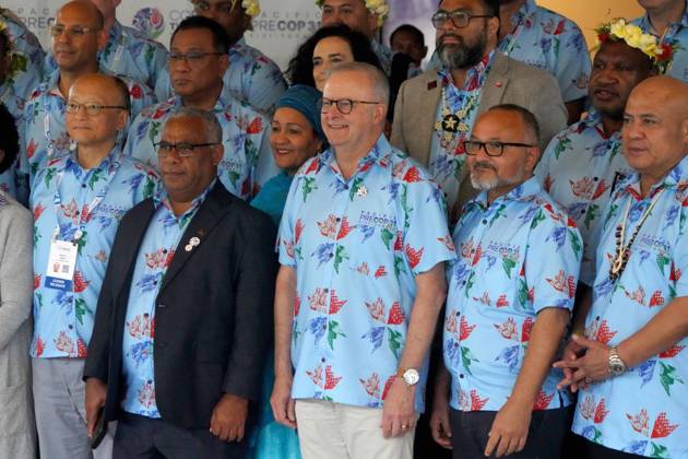 October 6, 2026, Funafuti, Funafuti, Tuvalu: Australian Prime Minister ANTHONY ALBANESE, Fijian Prime Minister SITIVENI RABUKA, and Tuvaluan Prime Minister FELETI TEO and other international leaders attend the Pre-COP31 Leaders™ event in Funafuti, Tuvalu, on October 6, 2026. Complementing the ministerial meeting in Fiji, the visit brings global decision-makers to the low-lying Pacific island nation to witness climate impacts and community adaptation efforts firsthand and advance climate action ahead of COP31 in Antalya, Türkiye. Funafuti Tuvalu - ZUMA 20261006_int_h213_018 Copyright: xHuang Mendersx