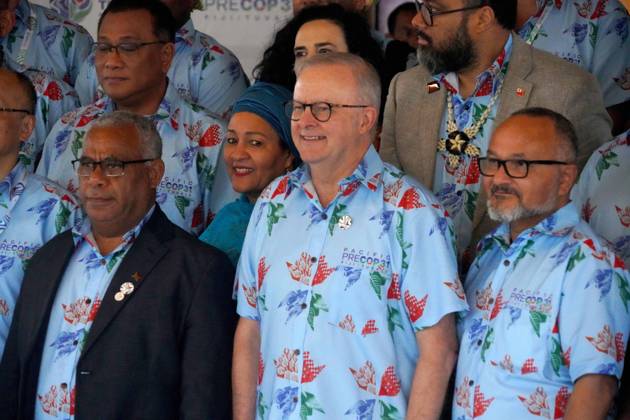 October 6, 2026, Funafuti, Funafuti, Tuvalu: Australian Prime Minister ANTHONY ALBANESE, Fijian Prime Minister SITIVENI RABUKA, and Tuvaluan Prime Minister FELETI TEO and other international leaders attend the Pre-COP31 Leaders™ event in Funafuti, Tuvalu, on October 6, 2026. Complementing the ministerial meeting in Fiji, the visit brings global decision-makers to the low-lying Pacific island nation to witness climate impacts and community adaptation efforts firsthand and advance climate action ahead of COP31 in Antalya, Türkiye. Funafuti Tuvalu - ZUMA 20261006_int_h213_019 Copyright: xHuang Mendersx