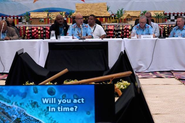 October 6, 2026, Funafuti, Funafuti, Tuvalu: Tuvaluan Prime Minister FELETI TEO addresses the Pre-COP31 attendees, including Fijian Prime Minister SITIVENI RABUKA, Australian Prime Minister ANTHONY ALBANESE, and CHRIS BOWEN, Australian Minister for Climate Change and Energy at the Pre-COP31 Leaders™ event in Funafuti, Tuvalu. Over a dozen leaders touched down on the tiny Pacific atoll nation of Tuvalu on October 6, 2026 for a first-hand look at a once-vibrant ecosystem being threatened due to climate change. Funafuti Tuvalu - ZUMA 20261006_int_h213_027 Copyright: xHuang Mendersx