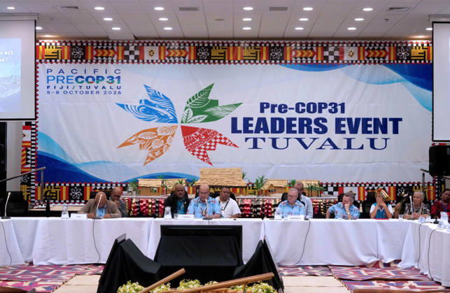 October 6, 2026, Funafuti, Funafuti, Tuvalu: Tuvaluan Prime Minister FELETI TEO addresses the Pre-COP31 attendees, including Fijian Prime Minister SITIVENI RABUKA, Australian Prime Minister ANTHONY ALBANESE, and CHRIS BOWEN, Australian Minister for Climate Change and Energy at the Pre-COP31 Leaders™ event in Funafuti, Tuvalu. Over a dozen leaders touched down on the tiny Pacific atoll nation of Tuvalu on October 6, 2026 for a first-hand look at a once-vibrant ecosystem being threatened due to climate change. Funafuti Tuvalu - ZUMA 20261006_int_h213_033 Copyright: xHuang Mendersx