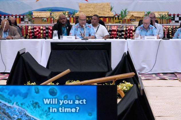 October 6, 2026, Funafuti, Funafuti, Tuvalu: Tuvaluan Prime Minister FELETI TEO addresses the Pre-COP31 attendees, including Fijian Prime Minister SITIVENI RABUKA, Australian Prime Minister ANTHONY ALBANESE, and CHRIS BOWEN, Australian Minister for Climate Change and Energy at the Pre-COP31 Leaders™ event in Funafuti, Tuvalu. Over a dozen leaders touched down on the tiny Pacific atoll nation of Tuvalu on October 6, 2026 for a first-hand look at a once-vibrant ecosystem being threatened due to climate change. Funafuti Tuvalu - ZUMA 20261006_int_h213_028 Copyright: xHuang Mendersx