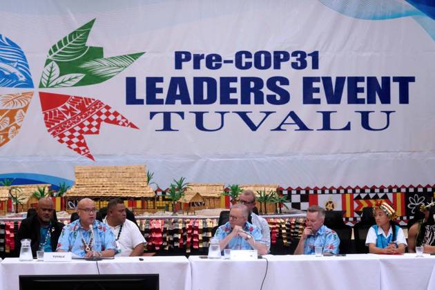 October 6, 2026, Funafuti, Funafuti, Tuvalu: Tuvaluan Prime Minister FELETI TEO addresses the attendees at the Pre-COP31 Leaders™ event, including Australian Prime Minister ANTHONY ALBANESE, and Australian Minister for Climate Change and Energy CHRIS BOWEN in Funafuti, Tuvalu. Over a dozen leaders touched down on the tiny Pacific atoll nation of Tuvalu on October 6, 2026 for a first-hand look at a once-vibrant ecosystem being threatened due to climate change. Funafuti Tuvalu - ZUMA 20261006_int_h213_035 Copyright: xHuang Mendersx
