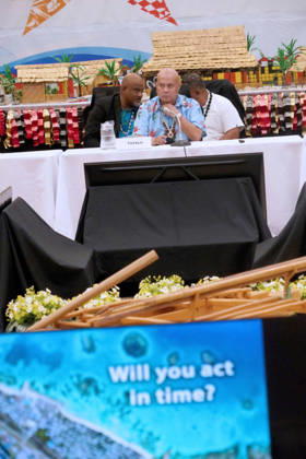 October 6, 2026, Funafuti, Funafuti, Tuvalu: Tuvaluan Prime Minister FELETI TEO addresses attendees at the Pre-COP31 Leaders™ event in Funafuti, Tuvalu. A monitor in the foreground displays the question Will you act in time? to the audience. Funafuti Tuvalu - ZUMA 20261006_int_h213_038 Copyright: xHuang Mendersx